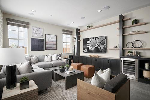 living room in the Plan Four at Dover at Compass Bay by Trumark Homes