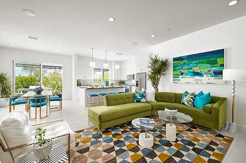 living room in the Flair Plan One at Miralon by Woodbridge Pacific Group