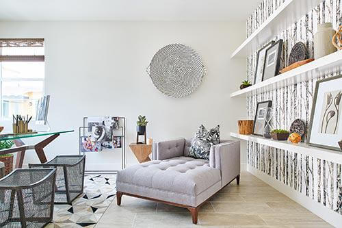 gray chaise lounge in office by Chameleon Design