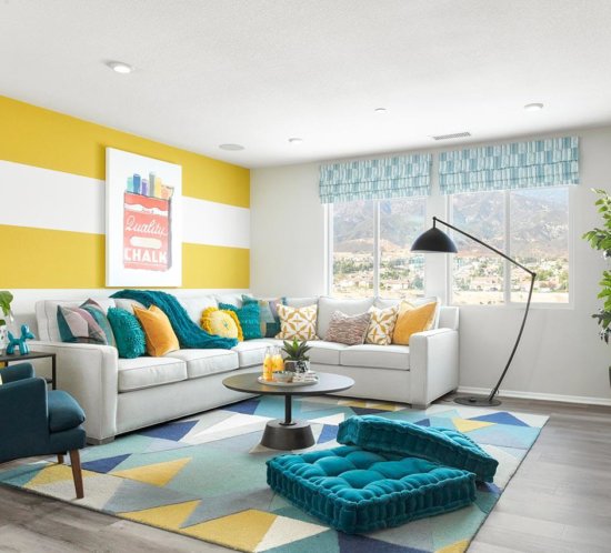 yellow and white striped walls in living room by Chameleon Design