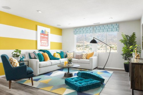 yellow and white striped walls in living room by Chameleon Design