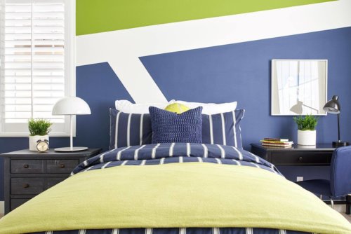 blue and green wall with white stripes in bedroom by Chameleon Design