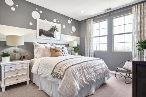 white shapes on grey wall in horse themed bedroom by Chameleon Design