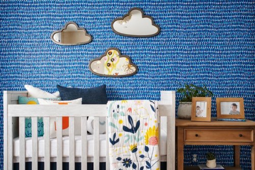 blue wallpaper with cloud mirrors in nursery by Chameleon Design