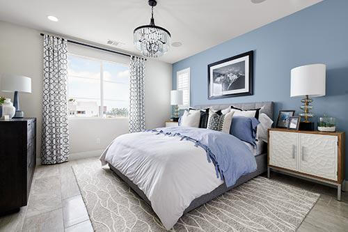 bedroom with blue painted wall and bedding Echo at Novel Park