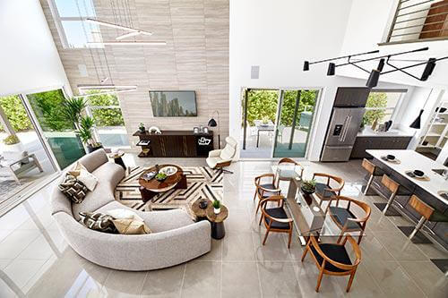 great room at Flair at Miralon Residence Four by Woodbridge Pacific Group in Palm Springs, California