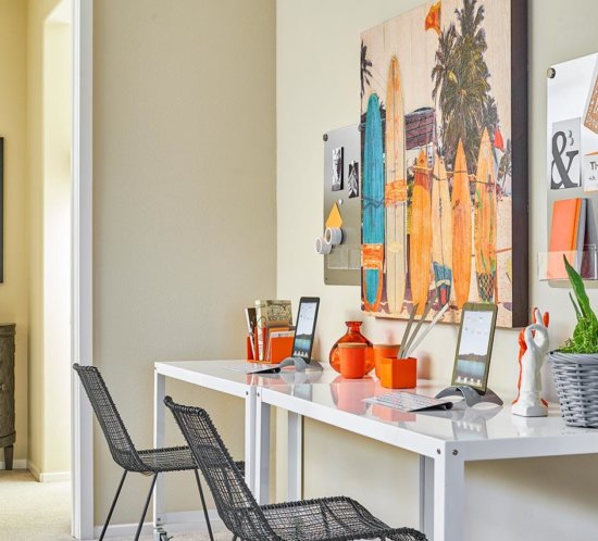 workstation with white desks and orange accents Terracina