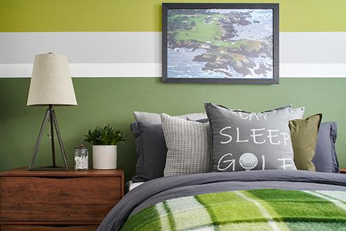 kids bedroom with green, gray and white striped painted accent wall at Plan 1 Dover at Compass Bay in Newark, California