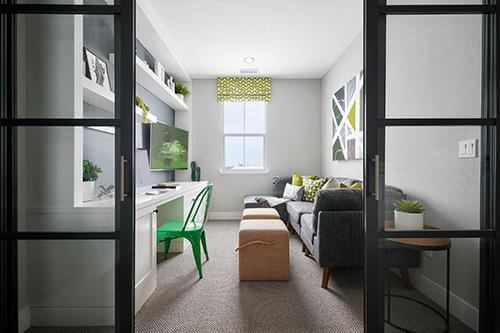 kids’s loft with gray sofa and white built-ins at Plan 1 Dover at Compass Bay in Newark, California