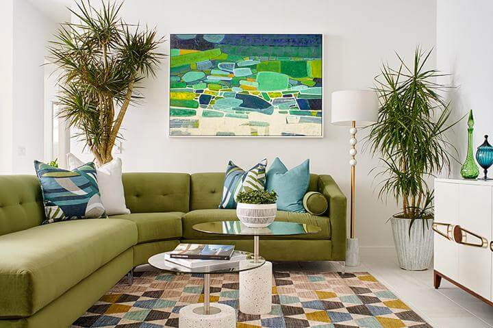 colorful living room, green sofa, decorative house plants, colorful rug, blue and green lounge area