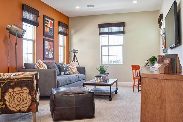 living room with burnt orange accent wall and leather furniture