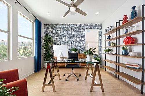 office space with natural wood and metal open shelving