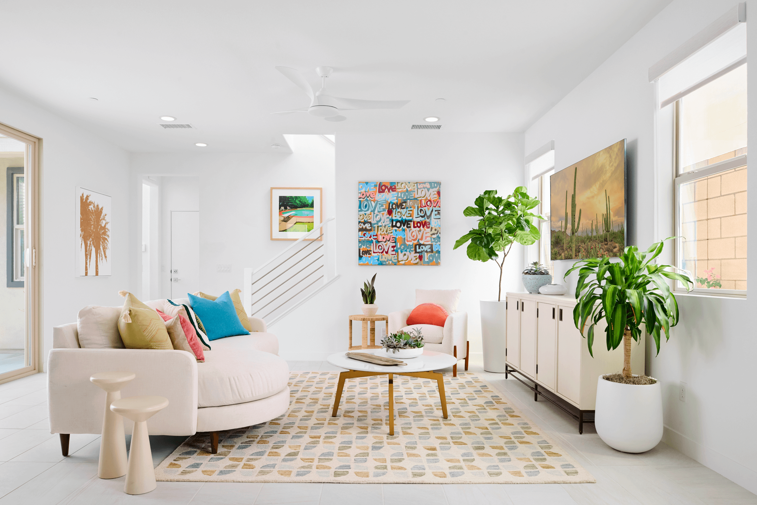 white living room with retro accents