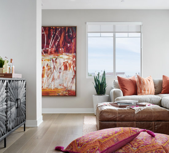 modern living room with pink and orange accents