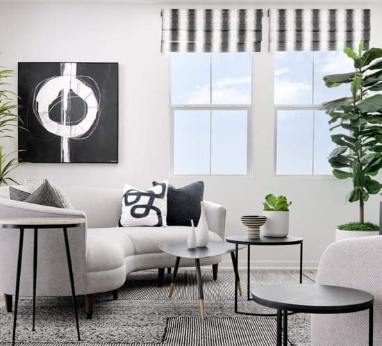 monochrome living room with modern art