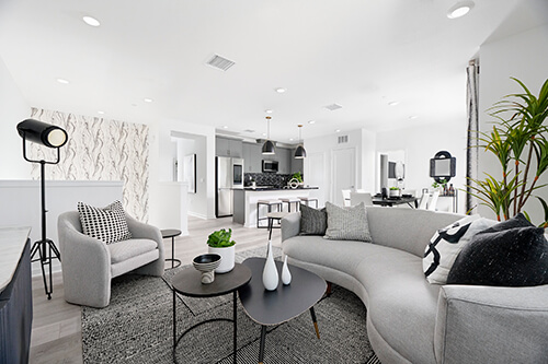 white and gray living room with modern furniture