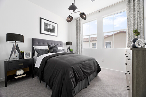 monochrome bedroom with black accents