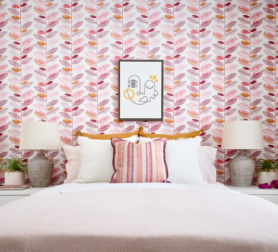 bedroom with pink floral wallpaper