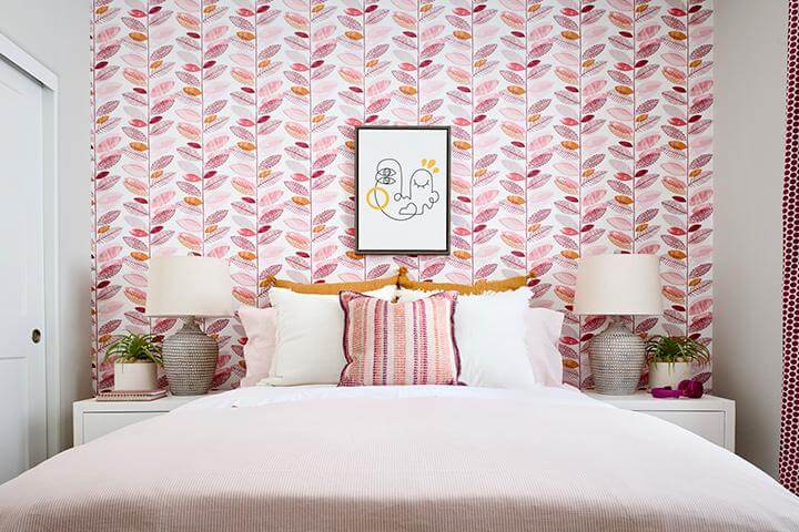 bedroom with pink floral wallpaper