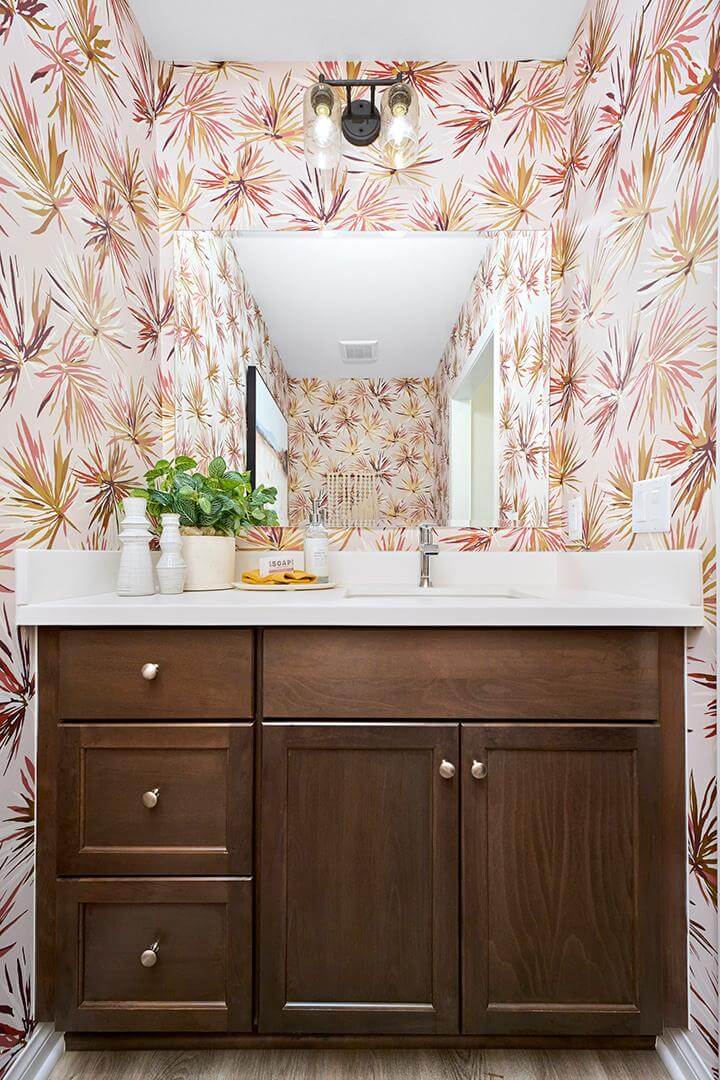 floral graphic wallpaper in powder bath