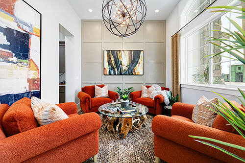 aged chandelier in a colorful sitting room