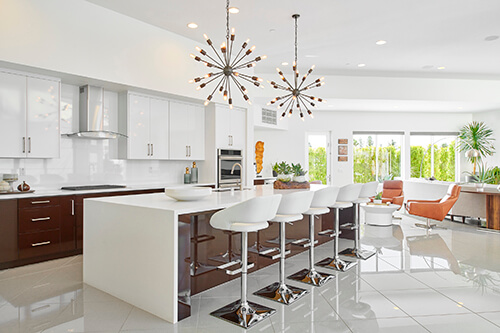 eye-catching chandelier in spacious kitchen