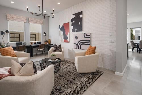 living room with white brick wall