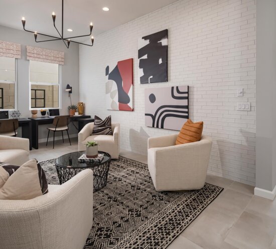 living room with white brick wall