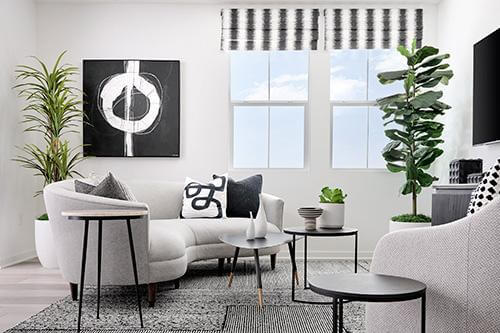 monochrome living room with black tables