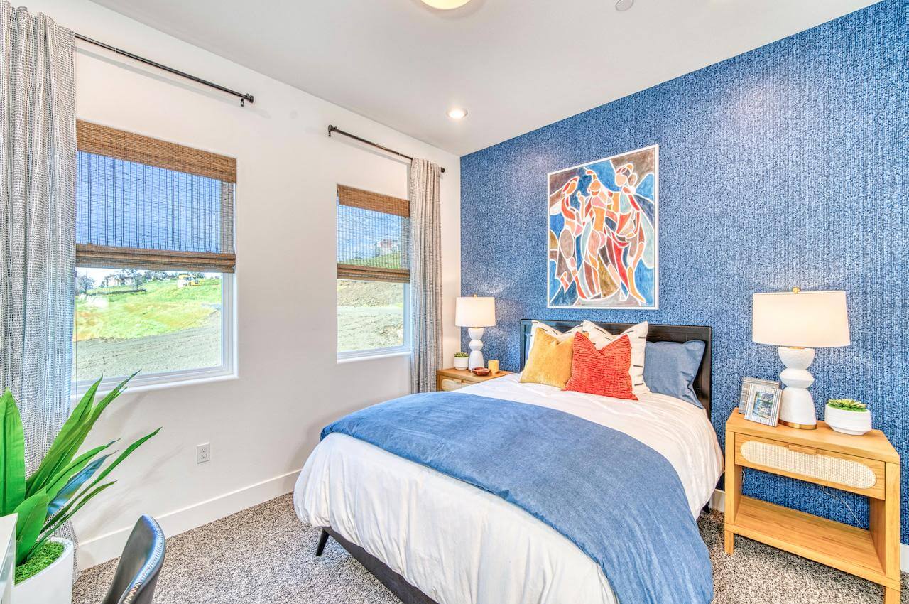 bedroom with blue and wood decor