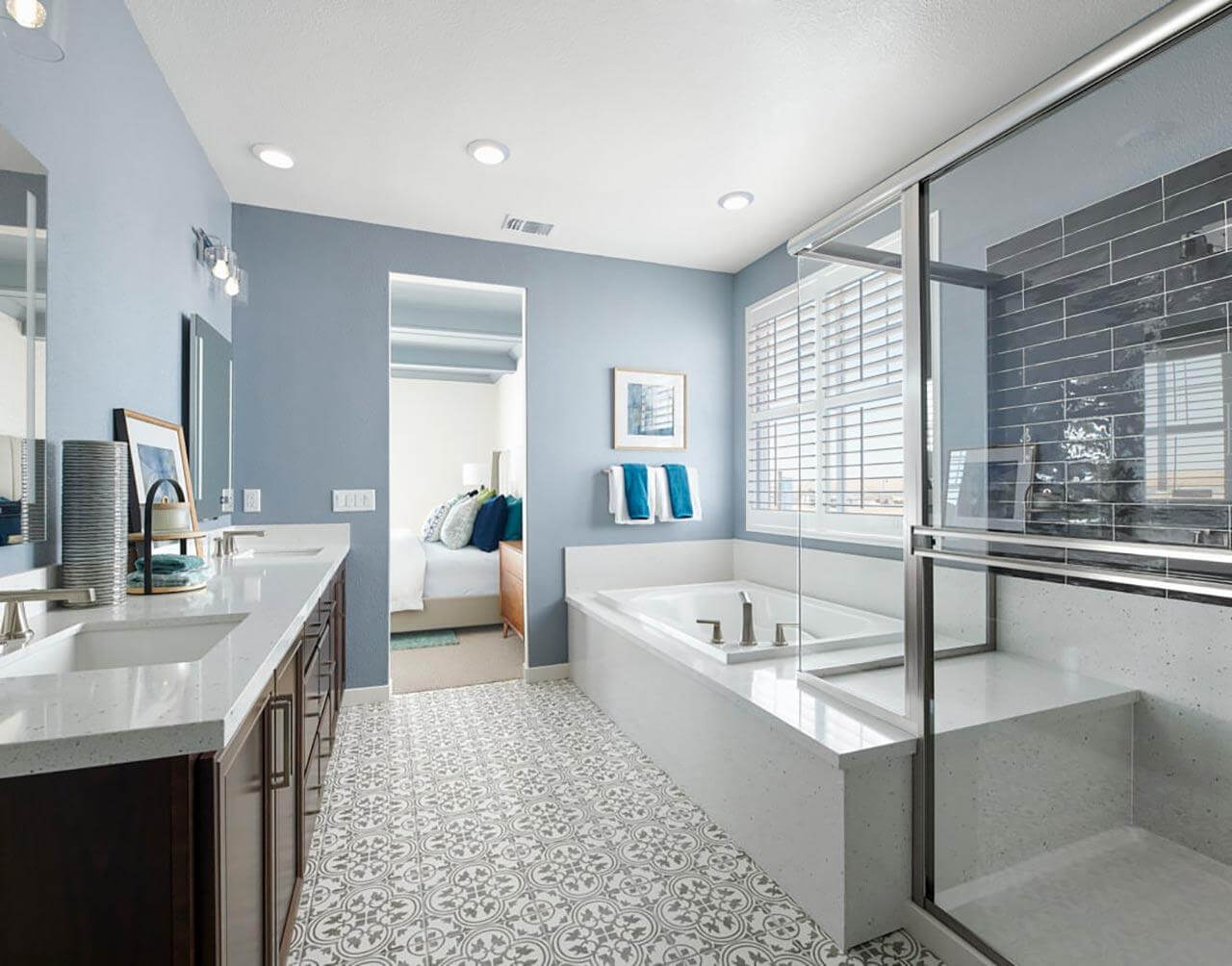 blue and gray primary bathroom
