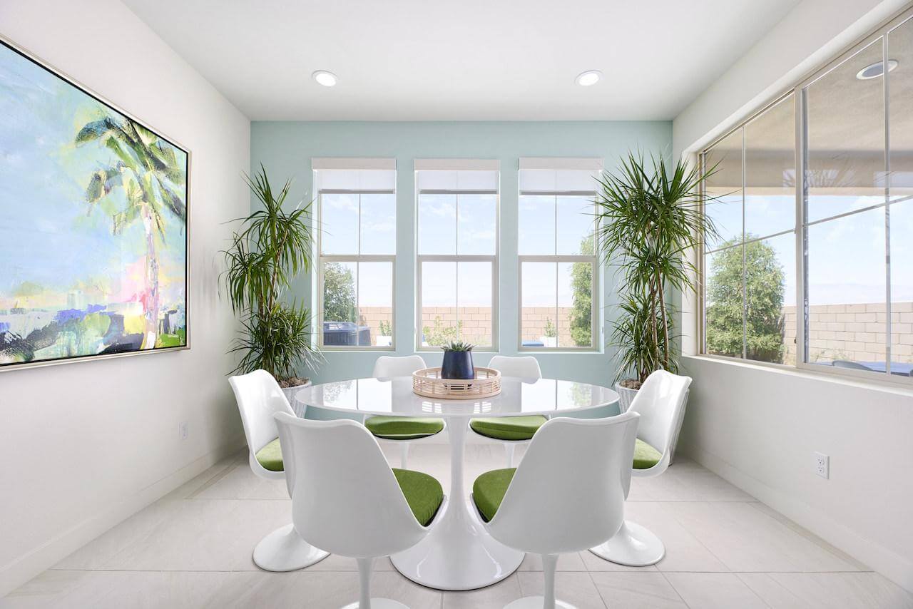 bright white and baby blue dining room