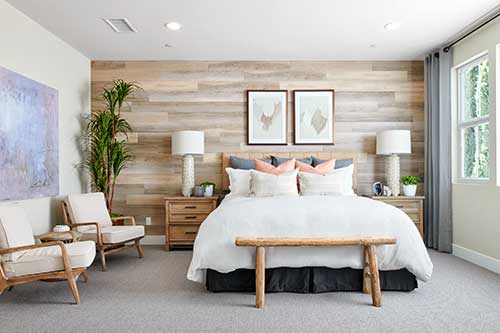 bedroom with natural wood tones and organic furniture