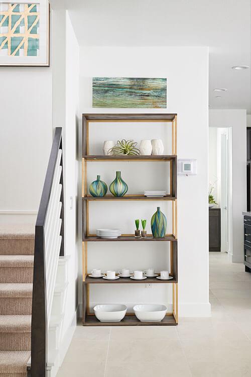 modern shelving with glass vases and bowls
