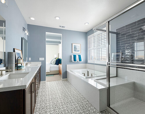 large ensuite bathroom with blue walls
