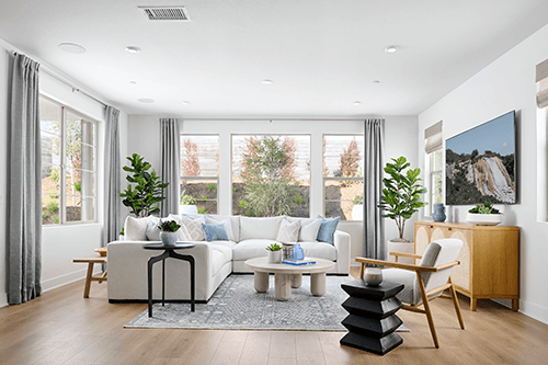 bright spacious living room with gray drapes