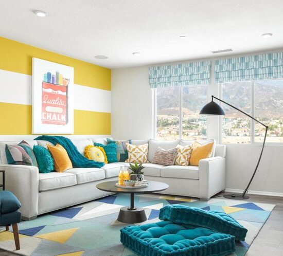 living room with yellow striped walls
