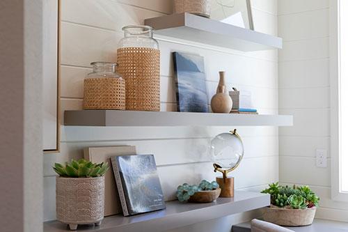 built-in shelves with plants and decor